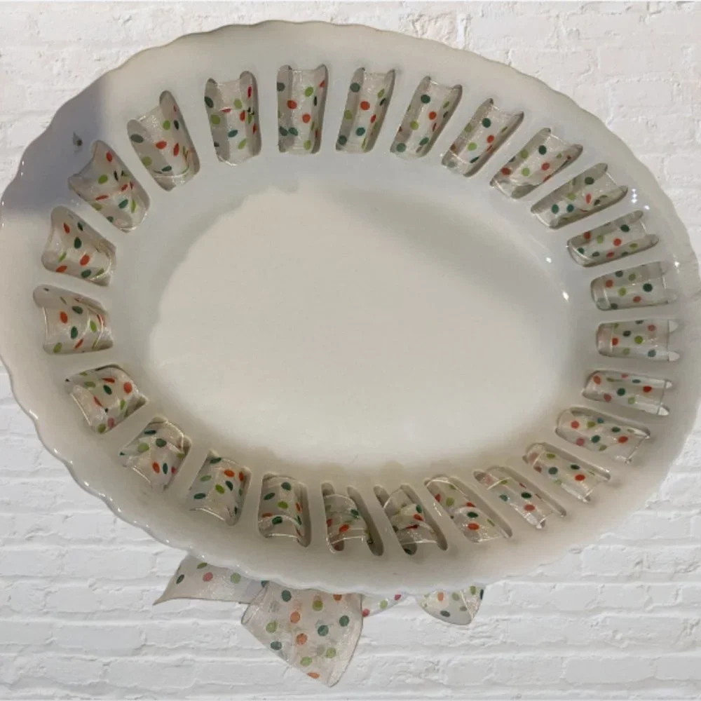 PARTY PLATE -- Ceramic, Bread/Candy/Cookies/Favors, Polka Dot Ribbon Wrapped